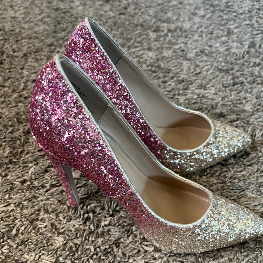 JustFab glitter ombré pink to gold stilettos size 5.5